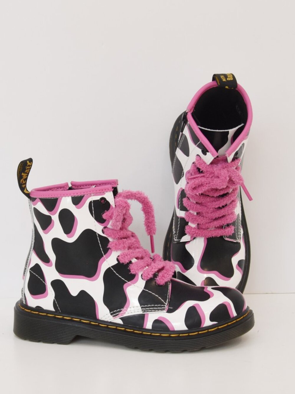Dr. Martens Junior/Youth 1460 Cow Print Patent Leather Boots Pink Black  US3